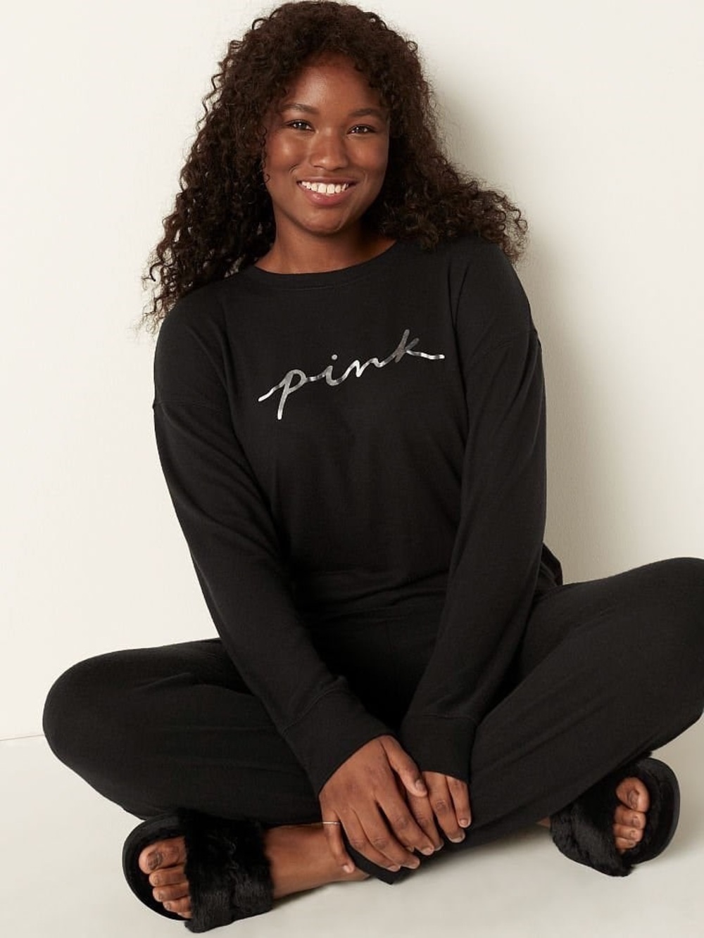 Victoria's Secret PINK Campus Long Sleeve Crew Neck-Black & Silver
